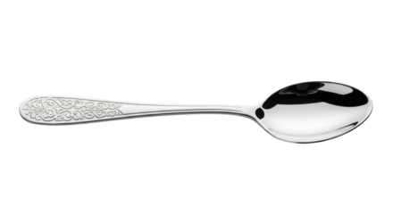 A meticulously clean, highly polished silver metal tablespoon with intricate filigree etching on handle, isolated on seamless transparent background with negative space. Concept of premium kitchenware