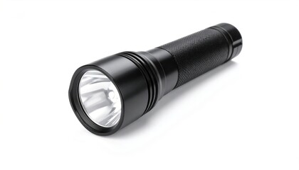 Black flashlight on white background for emergency situations.