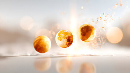 three floating objects, with intricate details and a bright, ethereal glow, against a soft-focus background