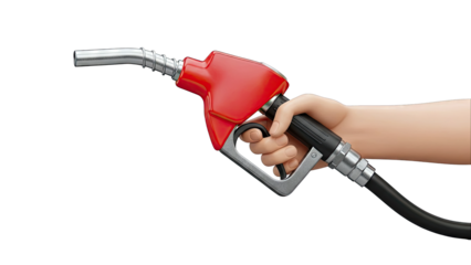Hand holding red gas pump nozzle