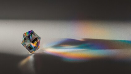 Prism refracts light into a spectrum of colors on surface.