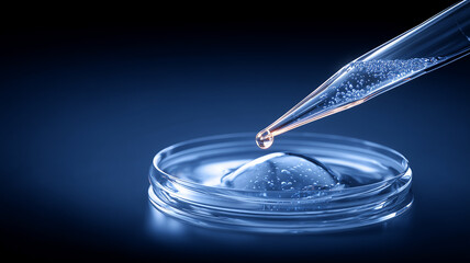 A laboratory pipette releasing a droplet into a petri dish representing scientific research biotechnology and medical innovation.
