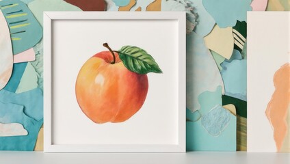 Watercolor Peach Art Print in White Frame on Abstract Background.