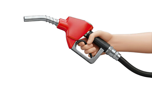 Hand holding red gas pump nozzle
