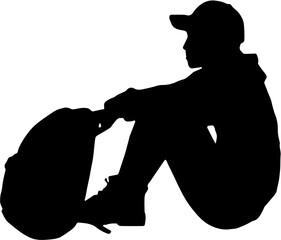 Silhouette of a young man sitting with backpack on white background