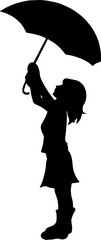 Silhouette of a little girl holding an umbrella standing on white background