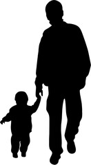 Silhouette of father and toddler son walking together holding hands