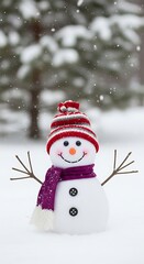Obraz premium Cheerful Snowman with Red Hat and Purple Scarf Amidst Falling Snowflakes.