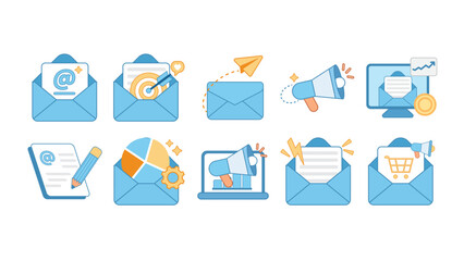 Plakat Icon set illustrating email marketing automation, newsletter subscription, direct mail campaigns, and communication analytics