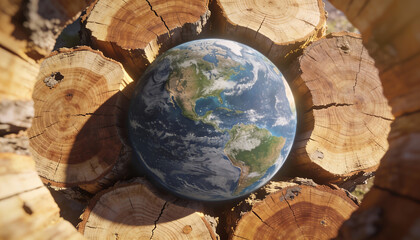 Hyperrealistic aerial composite of planet Earth cradled inside a ring of textured tree trunk cross sections symbolizing global conservation environmental protection and sustainability