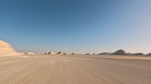 Timelapse fast speed motion through white desert landscape with rocks around