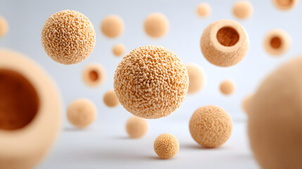 abstract floating spheres in various sizes, with a unique texture. The composition evokes a sense of depth and weightlessness, with soft lighting enhancing the visual appeal