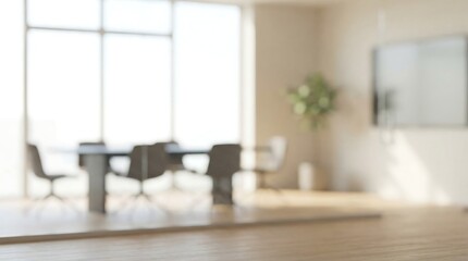 a blurred view of a modern conference room with a large table several chairs a white board and natural light from a window