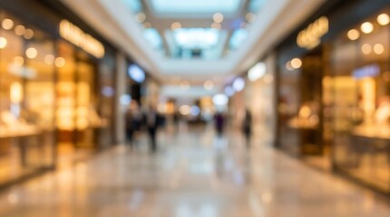 Fototapeta premium a blurred perspective of a long brightly lit indoor shopping mall corridor with indistinct figures of people walking within it creating a sense