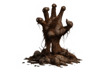 Creature hand reaching up from spooky ground with eyes on fingertips, horror monster concept on transparent background