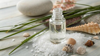 Fototapeta premium Close Up of Essential Oil Bottle with Marine Aroma Elements and Ocean Inspired Decor