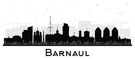 Barnaul Russia city skyline silhouette with black buildings isolated on white. Barnaul cityscape with landmarks. Business travel and tourism concept with modern and historic architecture.