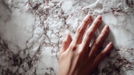 Fototapeta premium A hand gently touching the cold, smooth surface of marble, the elegant veins adding to the stone's timeless beauty