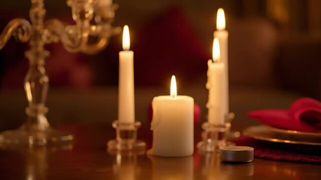 Cozy dinner setup with lit candles on wooden table