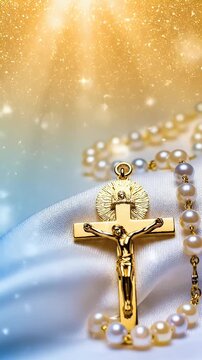 Catholic Marian Devotion Background with Rosary Beads, Pastel Gold to Sky Gradient