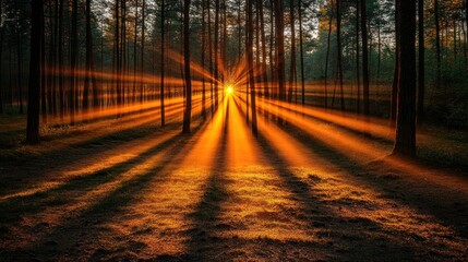 Obraz premium Golden sunbeams pierce a pine forest