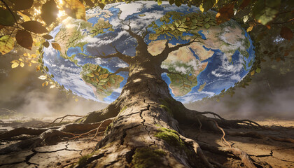 Hyperrealistic conceptual scene featuring a massive ancient tree with roots in cracked earth supporting the planet Earth as its canopy symbolizing global environmental stability
