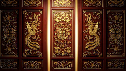 Magnificent ornate red doors adorned with golden phoenixes and traditional Asian carvings, symbolizing prosperity and cultural heritage in a grand setting