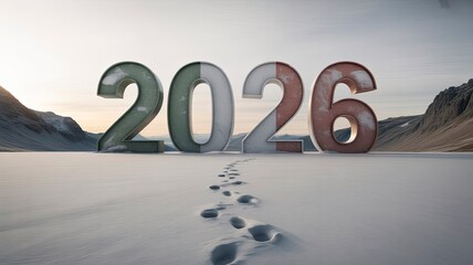 Large metallic 2026 numbers in a desert landscape with footprints leading to them at sunset with future