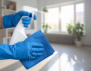 hand in blue rubber glove holding blue microfiber cleaning cloth and spray bottle with sterilizing solution make cleaning and disinfection for good hygiene
