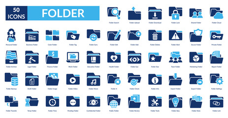 Folder Fill Icon Set.  Search,  Upload,  Download,  Lock, Shared ,  Cloud, Private 