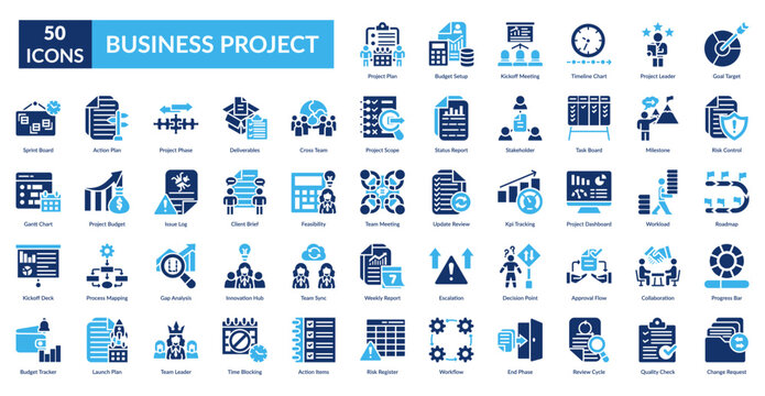 Business Project Fill Icon Set. Project Plan, Budget Setup, Kickoff Meeting, Timeline Chart, Project Leader, Goal Target, Risk Control