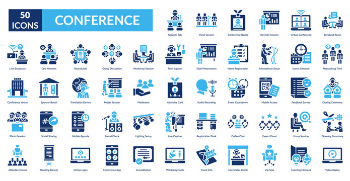 Conference Fill Icon Set. Speaker Talk, Panel Session, Conference Badge, Keynote Session, Virtual Conference, Breakout Room, Networking Time