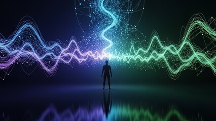 A person stands alone surrounded by vibrant sound waves in a dark futuristic environment