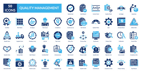 Quality Management Fill Icon Set. Quality Seal, Audit Report, Control Chart, Quality Check, Iso Badge, Inspection, Defect Alert