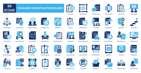 Sop Fill Icon Set.  Sop Manual, Workflow Steps, Task Instruction, Work Procedure, Checklist , Training Guide, Step By Step