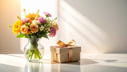 Bright Floral Bouquet In Glass Vase With Wrapped Gift Box On Sunny Table.
