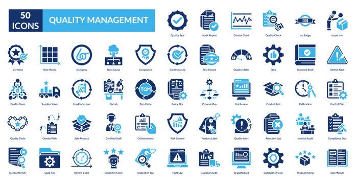 Quality Management Fill Icon Set. Quality Seal, Audit Report, Control Chart, Quality Check, Iso Badge, Inspection, Defect Alert