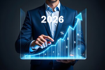 Businessman pointing at 2026 glowing financial graph with percentage and dollar symbols