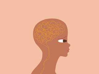 A person with tangled yellow lines inside their head, minimalist illustration symbolizing mental confusion, anxiety, and complex thoughts