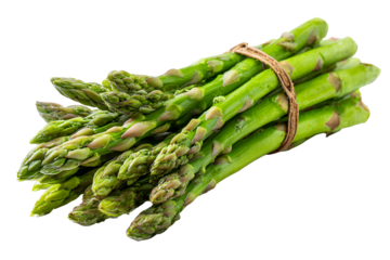 A fresh bunch of green asparagus spears tied together with twine against a black background.