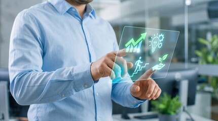 Innovative digital business progression modern office interactive interface urban environment close-up viewpoint future concepts