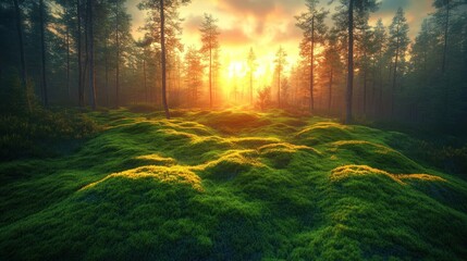 Golden sunrise through misty forest