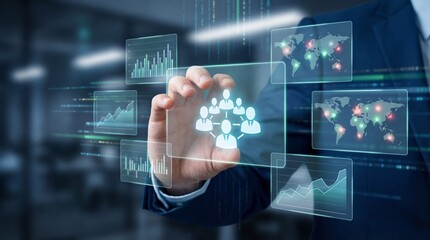 Business professional engaging with digital data visualization corporate office infographic display modern environment close-up perspective