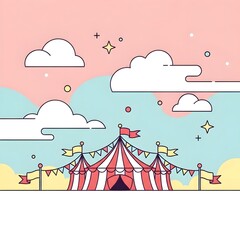 Circus Tent with Colorful Pastel Sky with Clouds, Cute Style Decoration