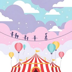 Circus Tent and Balloons with Dreamy Pastel Sky, Cute Flat Style 