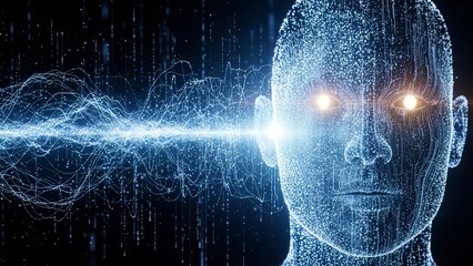 Futuristic digital human face with glowing eyes and data stream emanating from the mind in a dark background