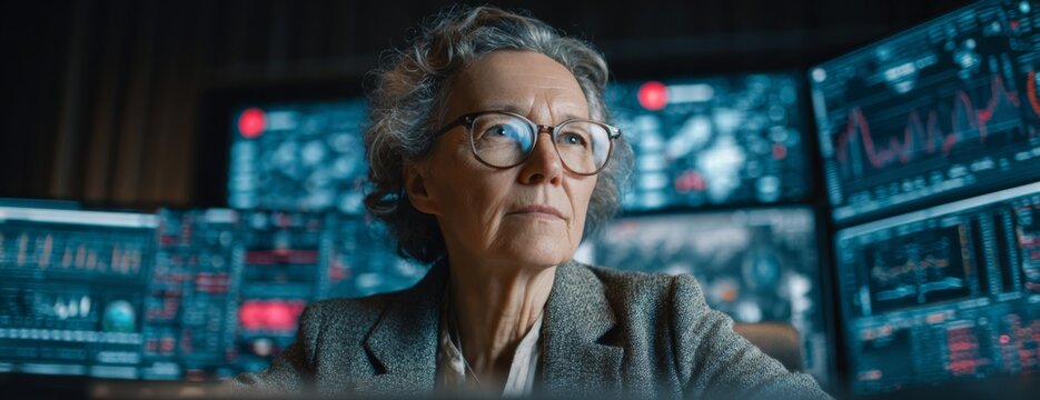 Elderly woman scientist working at desk with energy data screens   - Powered by Adobe