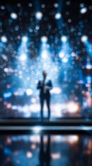 Businessman giving speech on stage with blurred lights in background, vertical photo