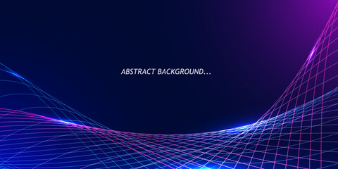 Abstract wave background featuring glowing blue and purple wavy lines. Design for geometric fiber optic telecoms and signal.