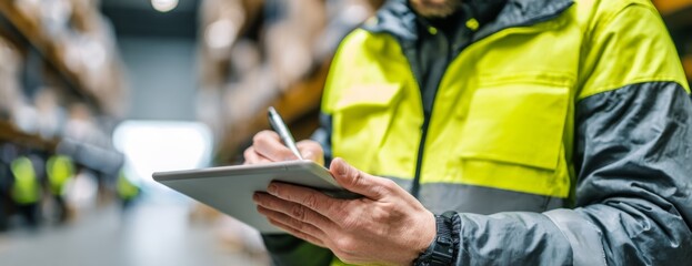Warehouse worker taking notes on tablet while standing in storage  